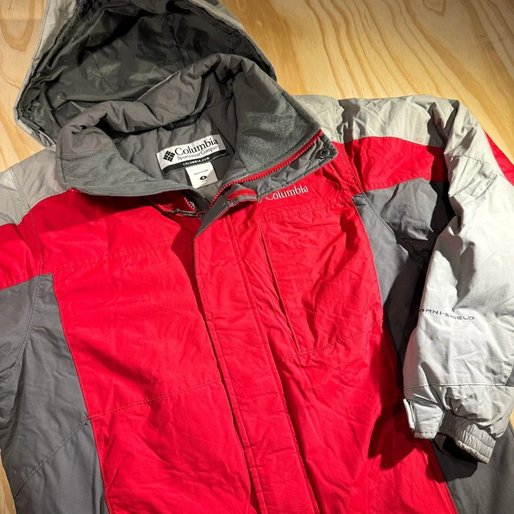 Columbia Men's Omni-Shield Red Grey Colorblock Hooded Winter Parka Jacket Size S